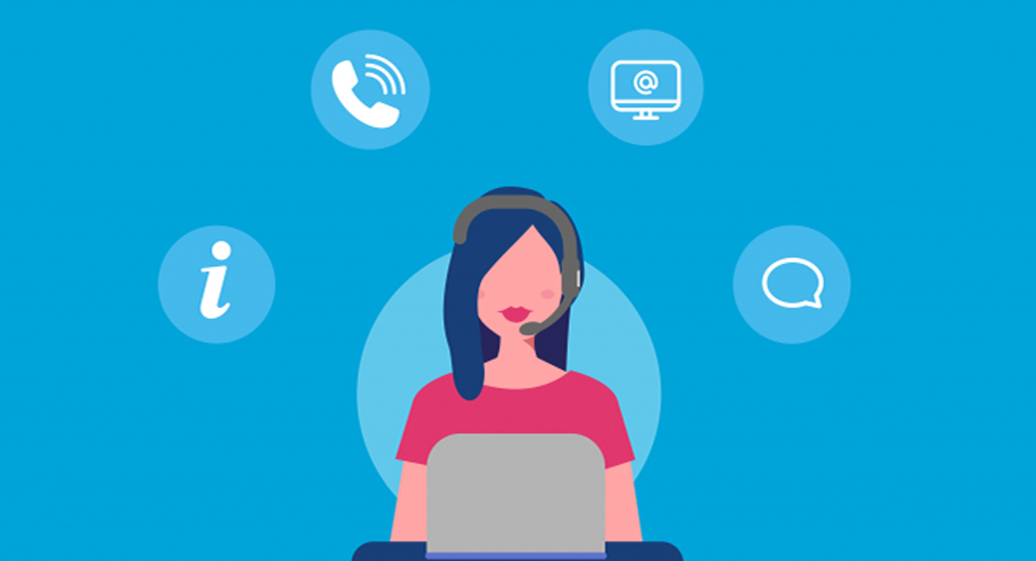 image of a person wearing a headset in front of a screen with icons for Information, telephone, email and chat floating above their head.