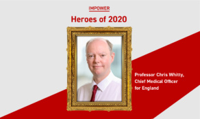 Graphic titled “IMPOWER Heroes of 2020” featuring a framed portrait of a man in a suit and red tie. Text on the right reads: “Professor Chris Whitty, Chief Medical Officer for England.”