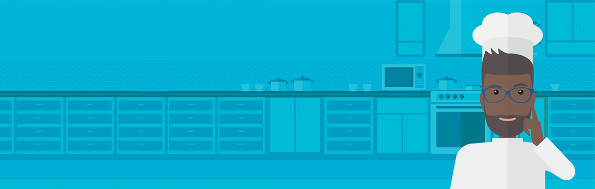 A flat, vector-style illustration of a chef standing in a modern kitchen. The chef, wearing a white hat and uniform with glasses, is positioned in the foreground against a teal-toned background. Behind him are kitchen cabinets, drawers, a cooker, microwave and utensils, all rendered in a clean, minimalist design. The overall look is simple, professional and graphic in style.