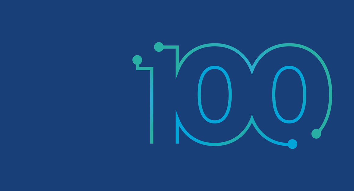 Stylised number "100" in gradient teal on a dark blue background, with circuit-like design elements representing connectivity or technology.