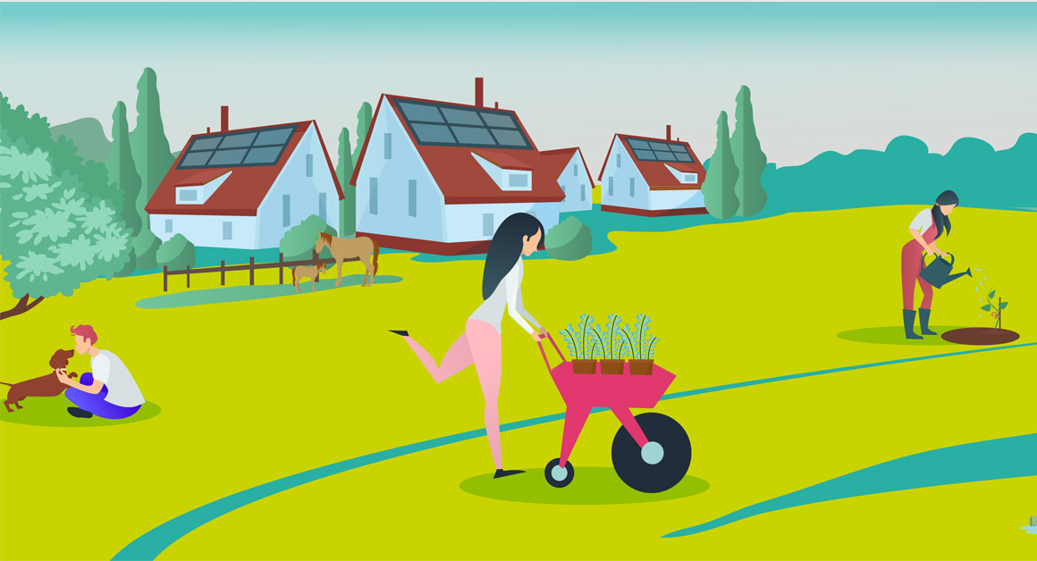 Illustration of a sustainable community scene with people engaging in eco-friendly activities—one person pushing a wheelbarrow of plants, another watering a sapling, and someone sitting with a dog. Background features houses with solar panels, trees, and grazing horses.