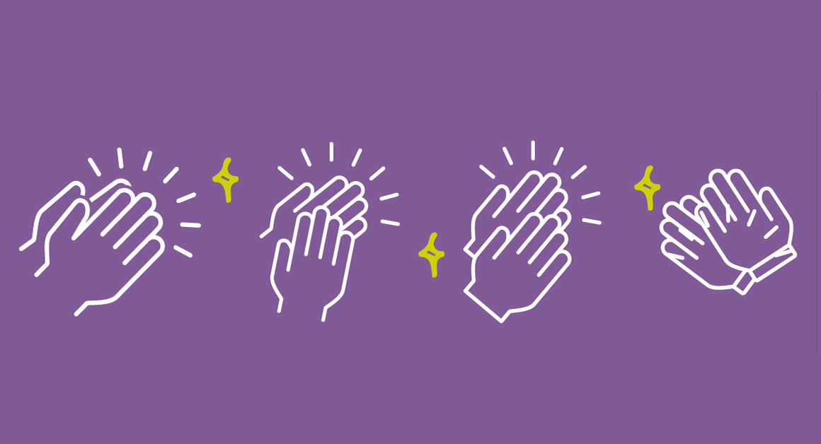 Illustration of four pairs of hands clapping, drawn in white line art on a purple background, with yellow sparkle icons between each pair to signify celebration and applause.