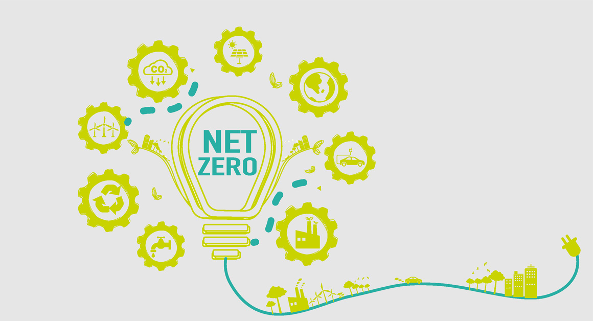 Illustration of a glowing lightbulb labeled “NET ZERO” surrounded by green cogwheels with icons representing sustainability themes, such as renewable energy, electric vehicles, recycling, and CO₂ reduction. A green power cord connects the lightbulb to a cityscape, symbolizing energy flow and environmental responsibility.