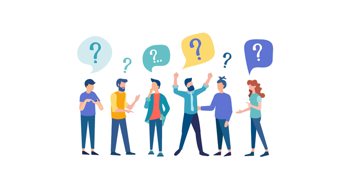 Illustration of six people standing in a row, each with a questioning or confused expression. Colorful speech bubbles above their heads contain large question marks, symbolizing uncertainty, curiosity, or confusion.