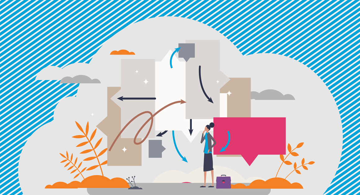 Illustration of a woman standing with a briefcase, looking puzzled at a complex cloud of overlapping documents and arrows, symbolizing confusion or complexity in communication or decision-making processes.