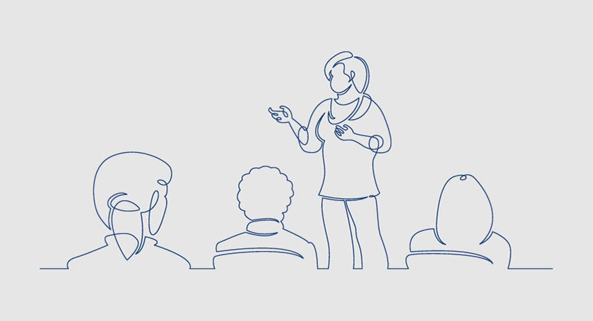 Minimalist line drawing of a woman standing and speaking in front of an audience of three seated people, illustrating a presentation or seminar setting.
