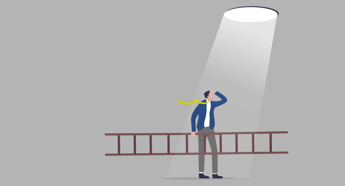 Illustration of a person standing under a spotlight holding a long ladder, looking up as if searching for a way out through an opening above, symbolizing problem-solving, opportunity, or a path forward.