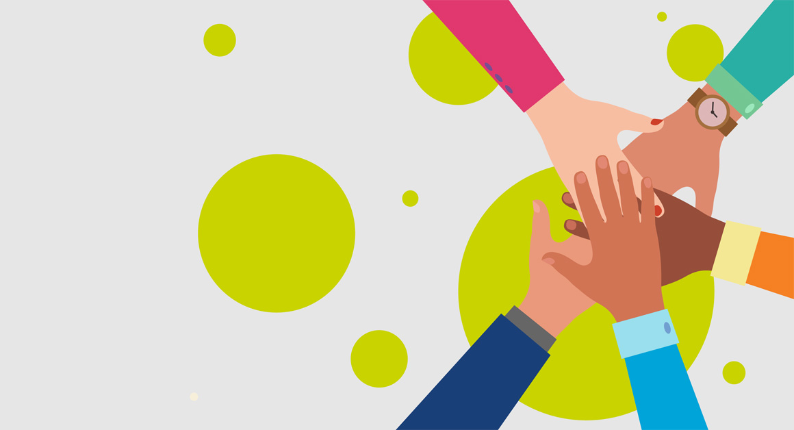 Illustration of five diverse hands joining together in a central stack, symbolizing teamwork, unity, and collaboration, with green circles in the background on a light grey surface.