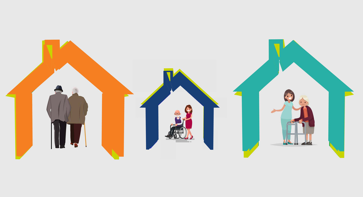 Illustration of three colored house-shaped outlines, each containing elderly individuals with caregivers—depicting different scenarios of home-based care and support for older adults.