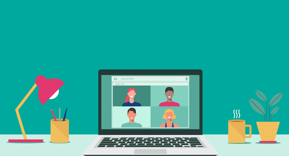 Illustration of a laptop on a desk displaying a video call with four smiling participants. The desk also features a red lamp, a pencil holder with pens, a steaming coffee mug, and a potted plant, set against a teal background.