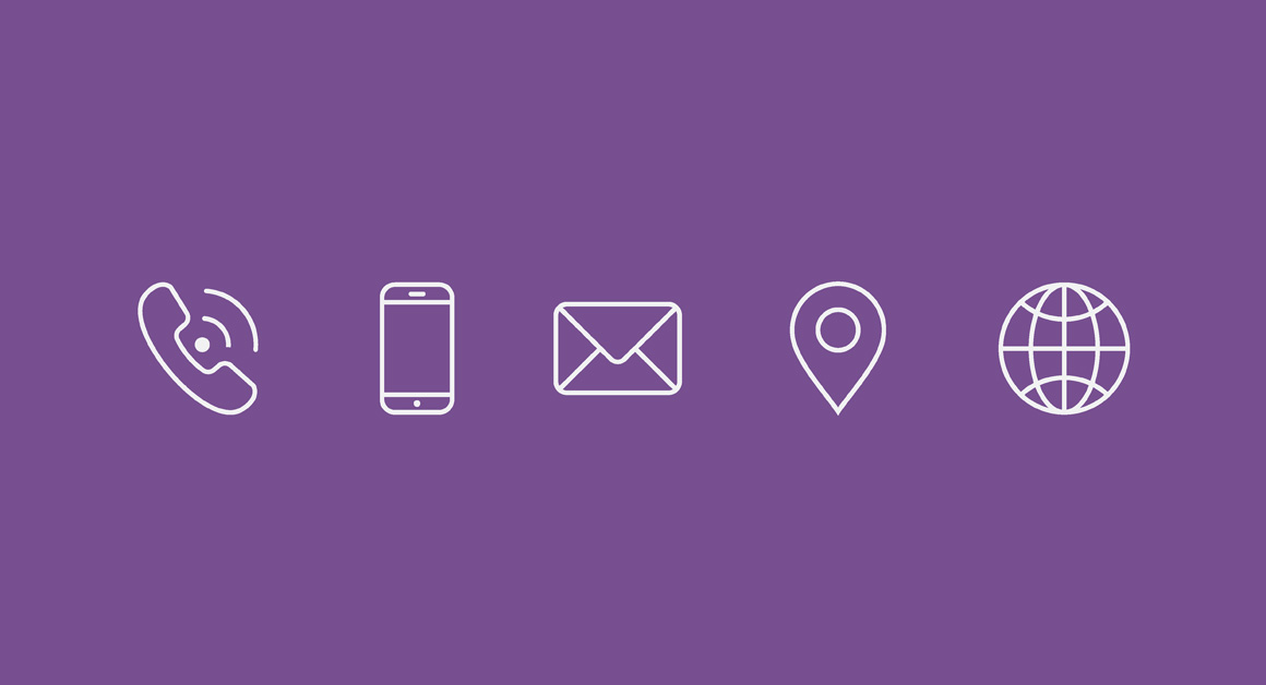 Purple background with five white line icons representing communication methods: a phone receiver with sound waves, a smartphone, an envelope, a location pin, and a globe.