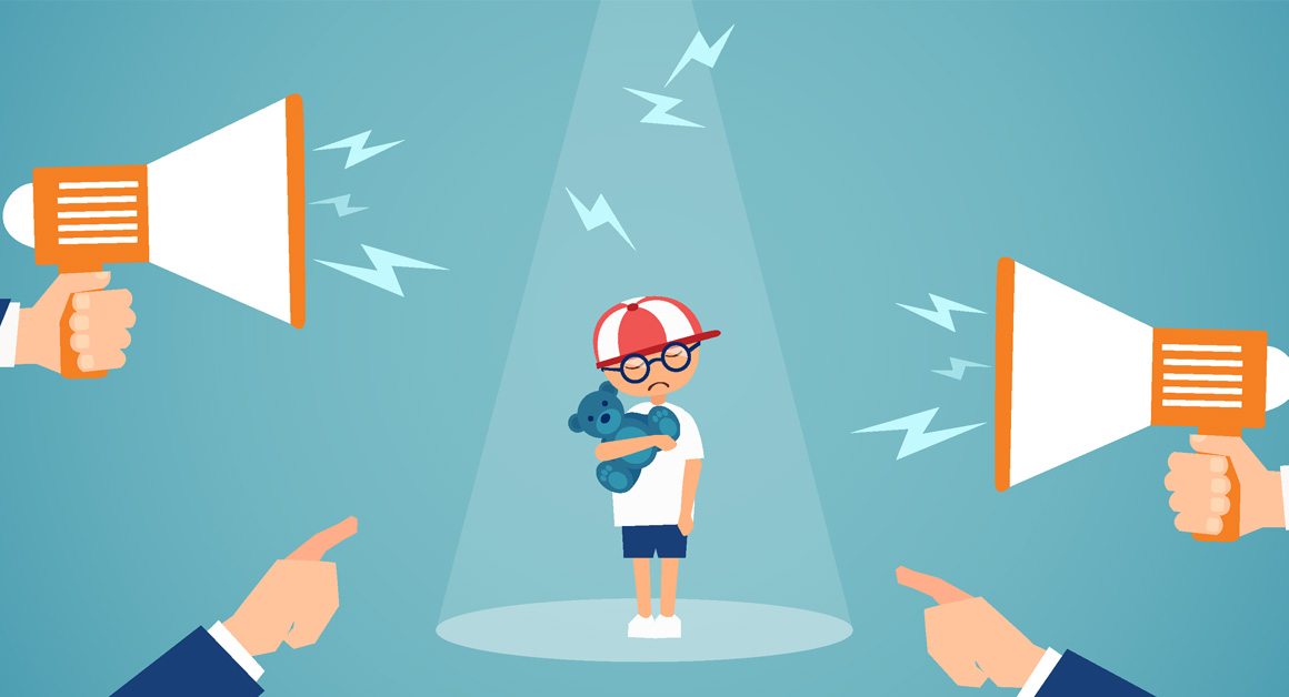 Illustration of a sad child standing alone in a spotlight, holding a teddy bear, while surrounded by large megaphones and pointing fingers from adults, symbolizing pressure, blame, or criticism.