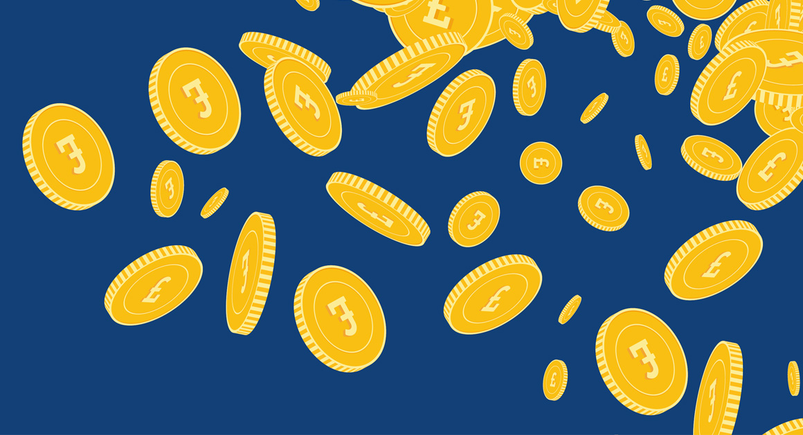Illustration of numerous gold coins with pound (£) symbols falling against a dark blue background, representing financial themes such as funding, money, or investment.