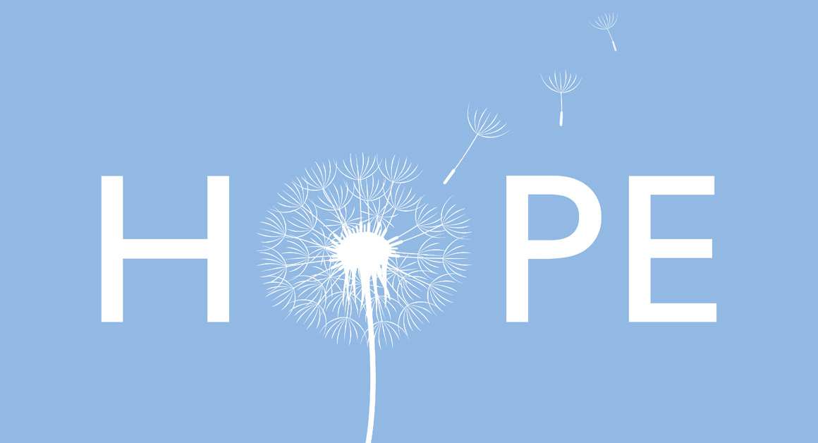 Graphic of the word 'HOPE' on a light blue background, where the letter 'O' is replaced by a white dandelion blowing in the wind, with several seeds drifting away to the right.