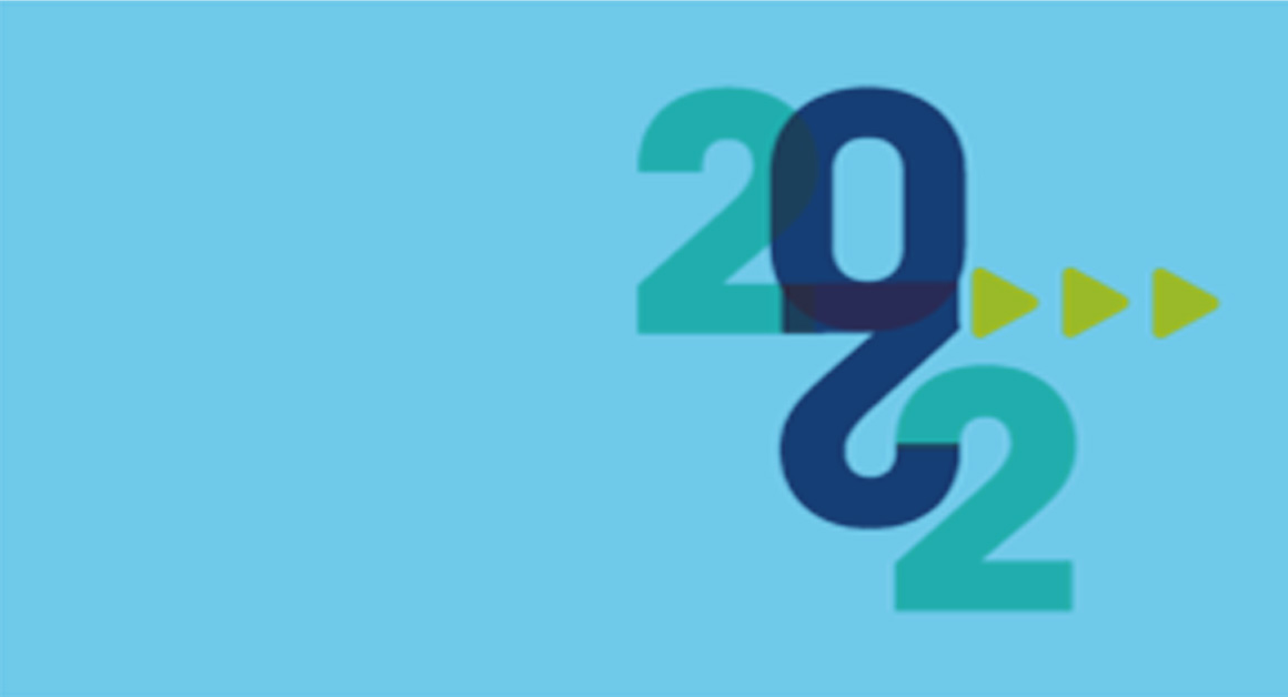 Stylized graphic of the number 2022 with overlapping digits in shades of teal and navy, followed by three green forward arrows, set against a light blue background—symbolizing progress and looking ahead beyond 2022.