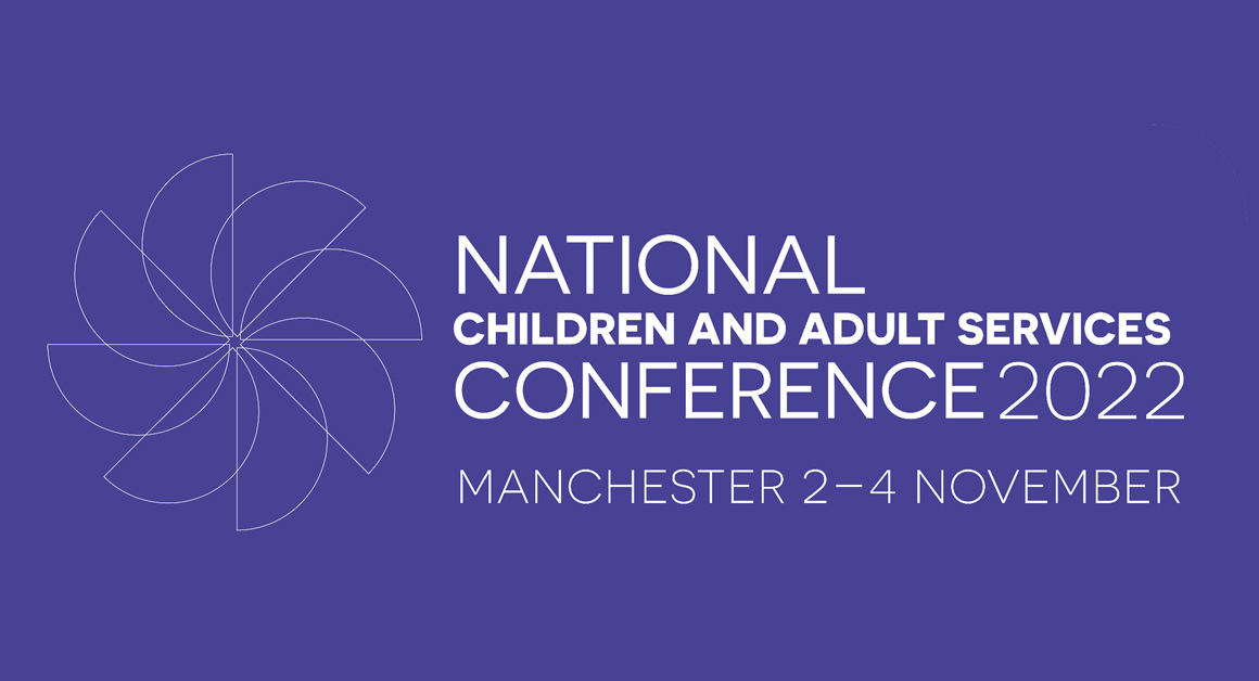 Promotional graphic for the National Children and Adult Services Conference 2022, held in Manchester from November 2 to 4. The background is purple with white geometric flower-like design on the left and event text on the right.