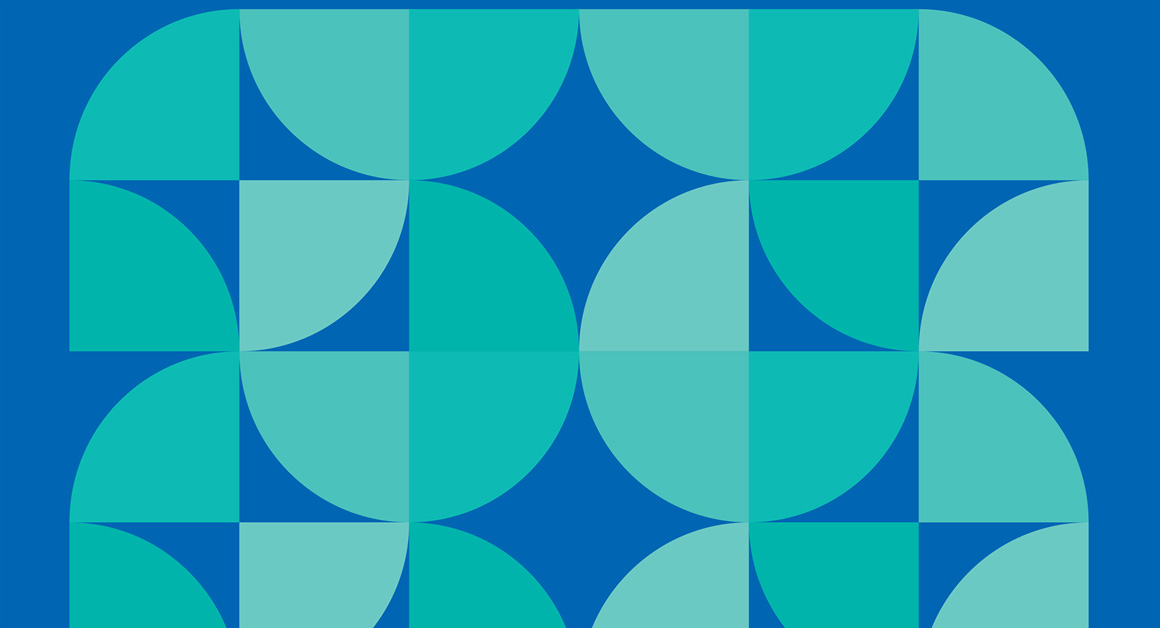 Abstract geometric pattern composed of teal and aqua semi-circles and squares arranged on a blue background, creating a symmetrical, tiled design.