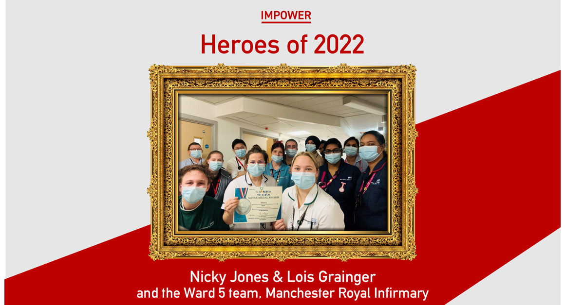 Graphic titled 'Heroes of 2022' featuring Nicky Jones, Lois Grainger, and the Ward 5 team from Manchester Royal Infirmary. The team is pictured wearing medical scrubs and face masks, holding an award certificate, and framed in an ornate gold frame. The background features IMPOWER branding with red and grey geometric design.