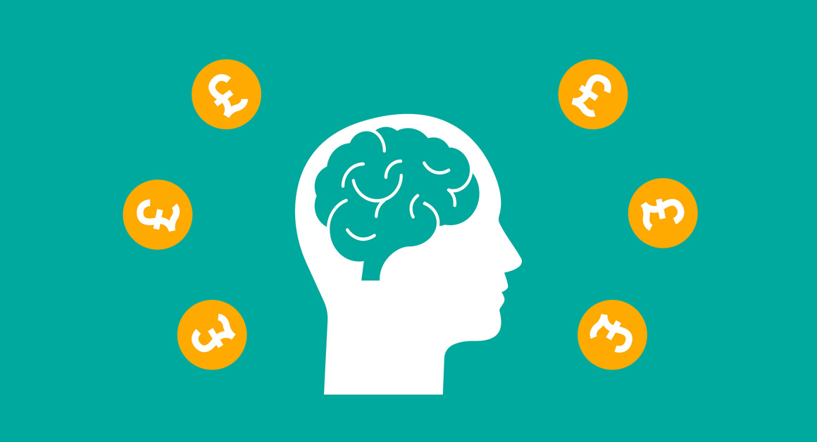 Illustration of a white silhouette of a human head with a brain inside, surrounded by gold coins featuring pound signs, set against a teal background. Symbolizes financial thinking, budgeting, or money management.