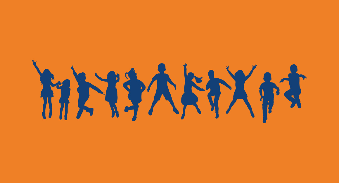 Silhouettes of twelve children jumping and playing, set against a bright orange background, representing joy, energy, and childhood celebration.