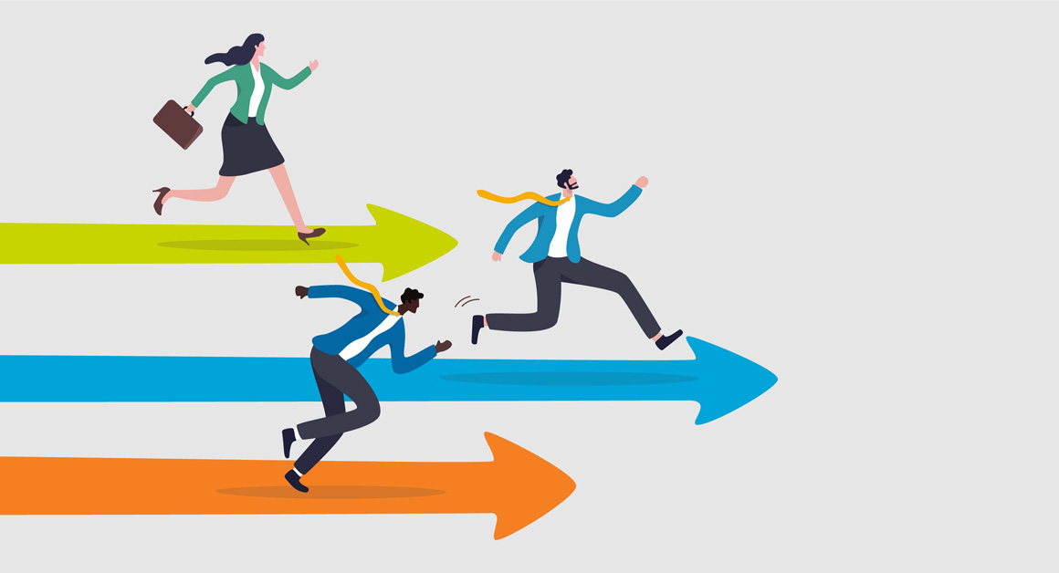 Illustration of three business professionals running on colorful arrows—green, blue, and orange—symbolizing competition, progress, or career advancement in a corporate environment.