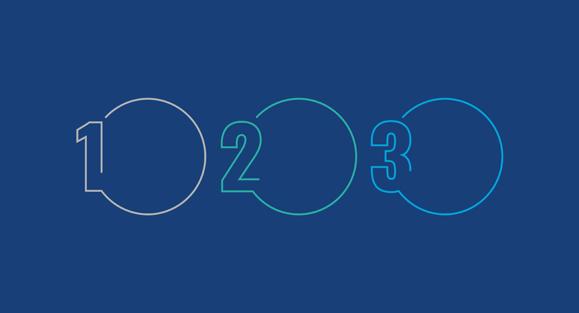 Minimalist graphic showing the numbers 1, 2, and 3 integrated into three outlined circles on a dark blue background, representing a three-step process or reflection stages.