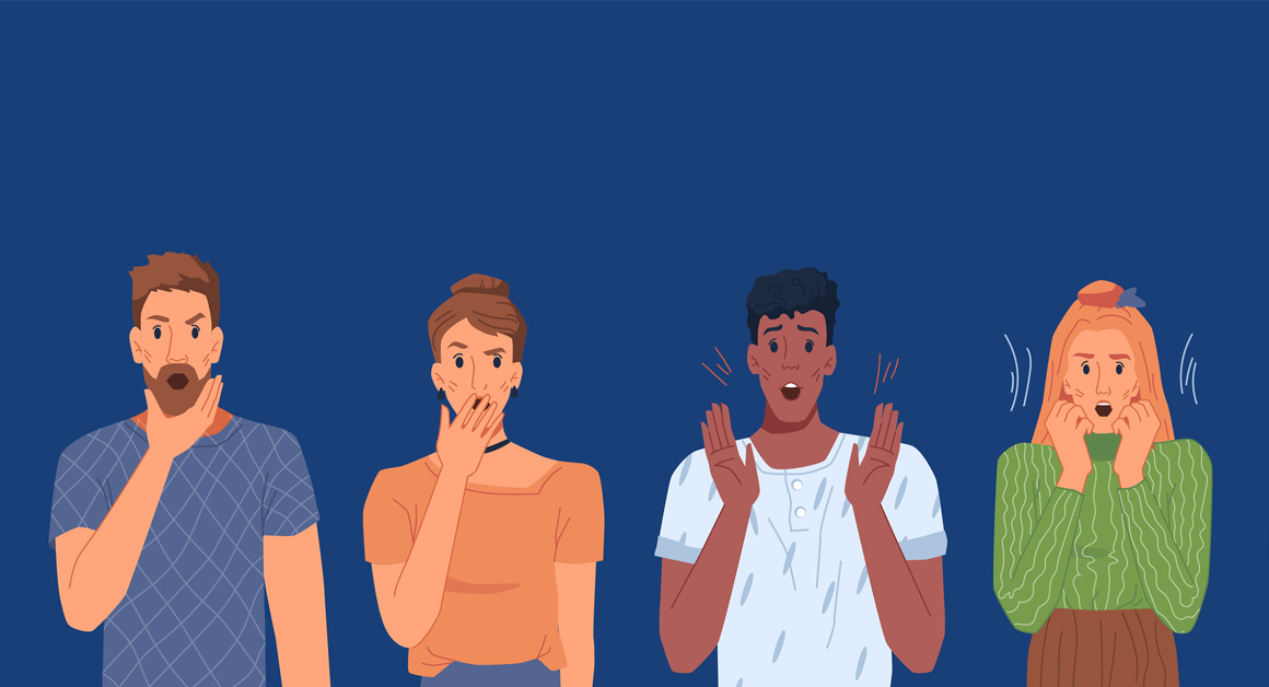 Illustration of four diverse people showing expressions of shock, worry, or anxiety against a dark blue background, representing a crisis of confidence or emotional distress.
