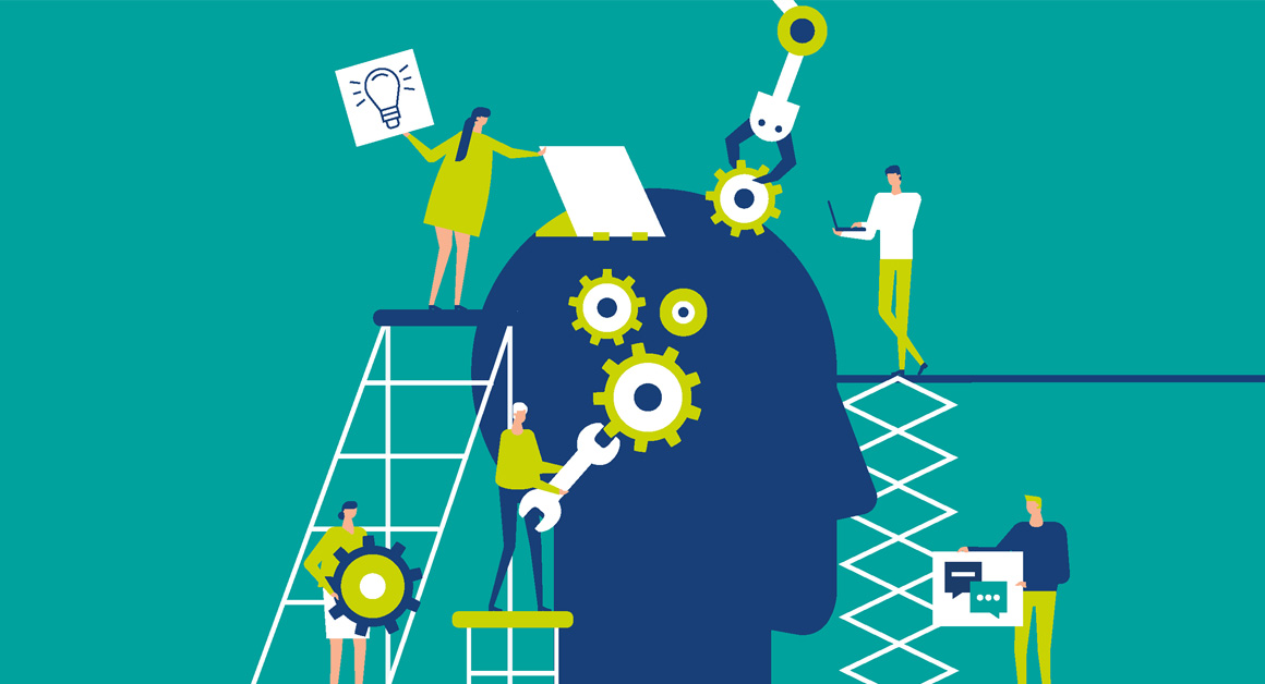 Illustration of people working together to develop ideas inside a human head silhouette, symbolizing teamwork, innovation, and problem-solving. Includes gears, ladders, laptops, tools, and thought bubbles.