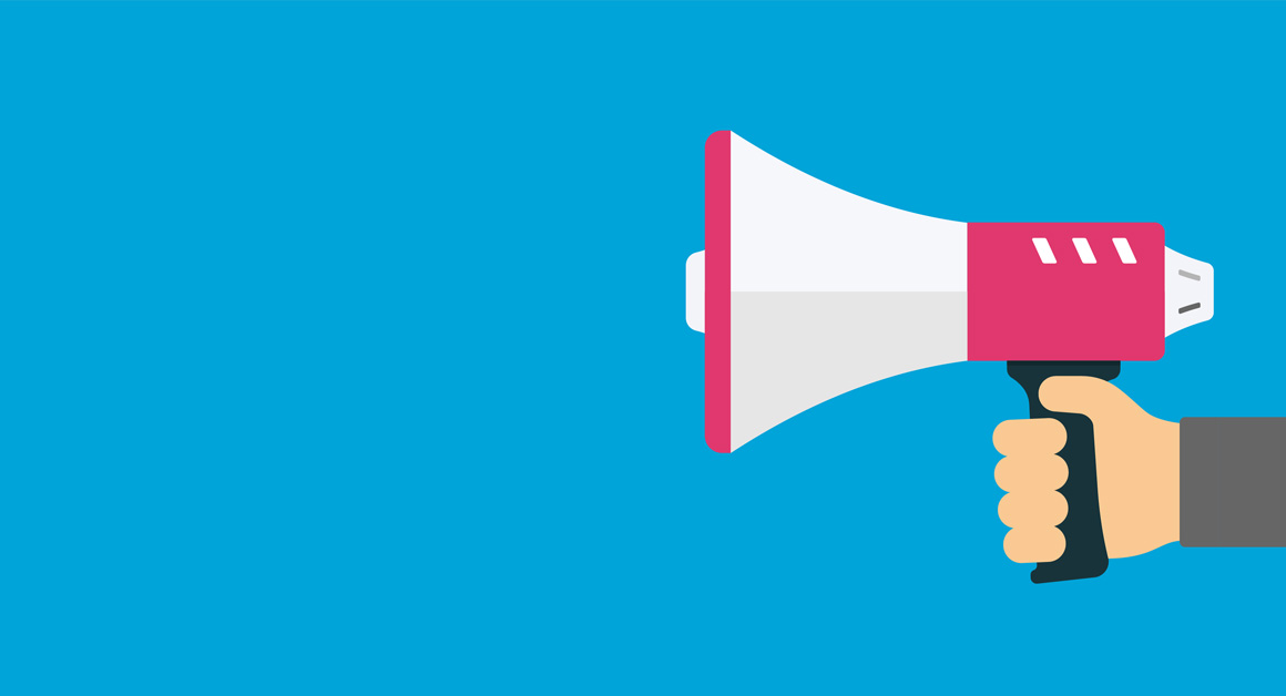 Illustration of a hand holding a red and white megaphone against a bright blue background, symbolizing an announcement or call to action.