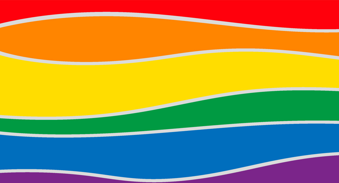 Abstract wavy rainbow flag with horizontal stripes in red, orange, yellow, green, blue, and purple, separated by thin white lines, symbolizing LGBTQ+ pride and diversity.