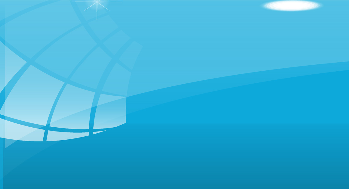 Abstract blue background with a glossy, glass-like effect. Features curved lines forming a globe pattern on the left and a white light glow in the top right corner.