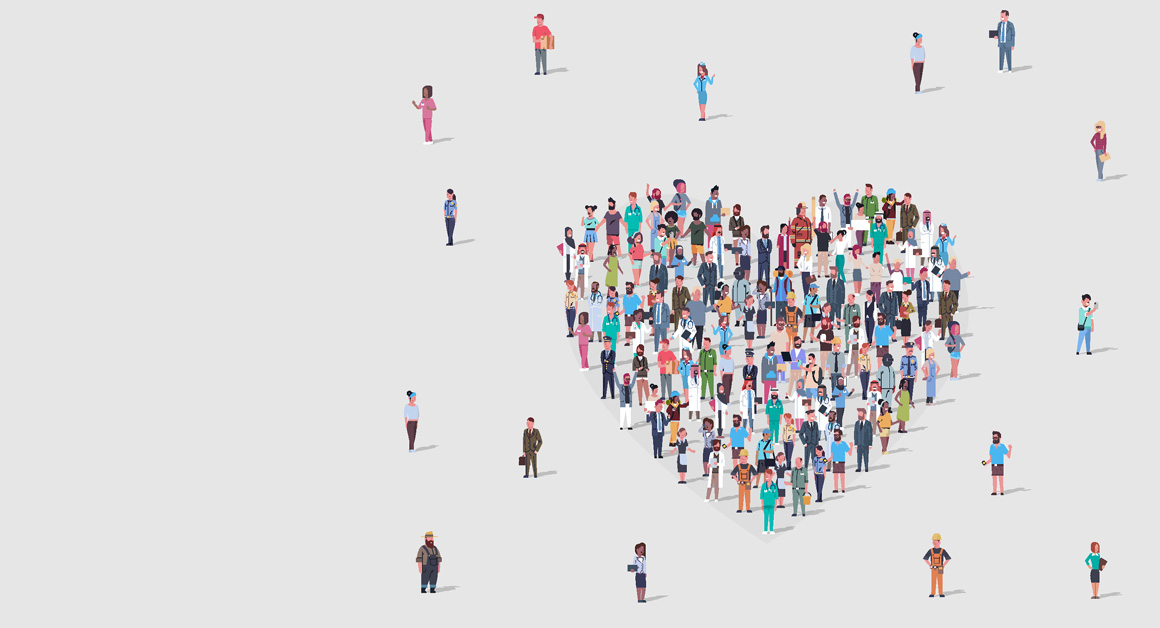 Illustration of a diverse group of people forming the shape of a heart, surrounded by scattered individuals on a light grey background, symbolizing community, compassion, and people-centered care.