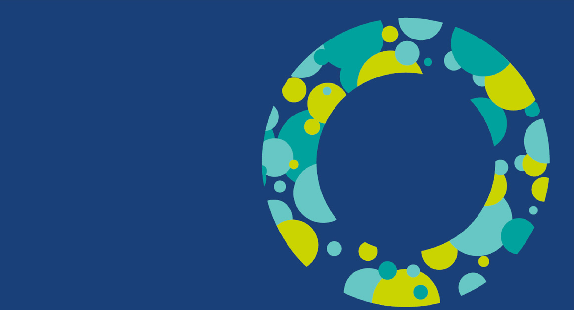 Abstract circular design made up of colorful overlapping shapes in shades of teal, blue, and yellow, set against a dark blue background. The circle is incomplete, forming a dynamic, modern visual element.