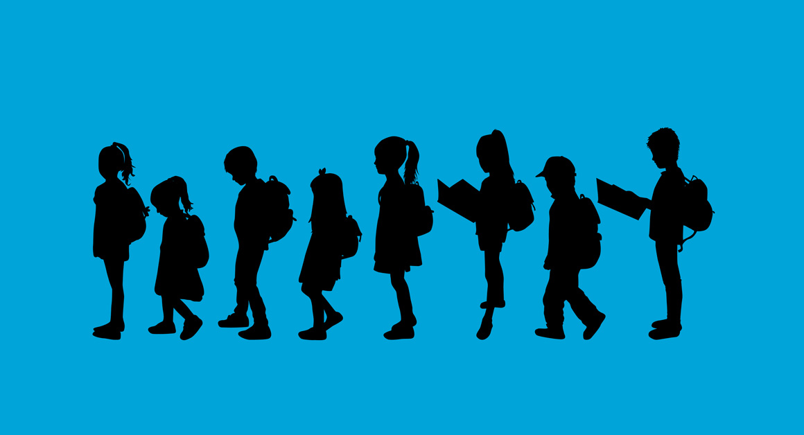 Silhouettes of school children wearing backpacks, standing in a line against a bright blue background, with some holding books—symbolizing education, learning, or a school environment.