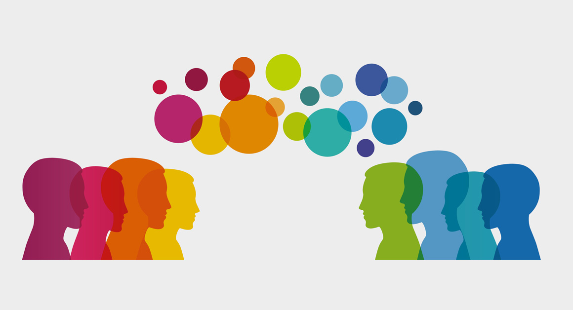 Illustration of two groups of multicolored human silhouettes facing each other, with overlapping colorful speech bubbles between them, symbolizing communication, collaboration, or dialogue between diverse groups.