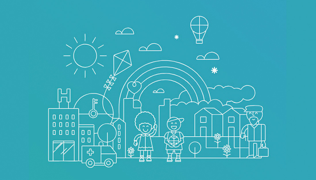 A line art illustration with white lines on a teal background, depicting a hospital and buildings with a rainbow, clouds and sun above with children and a bearded man in front.