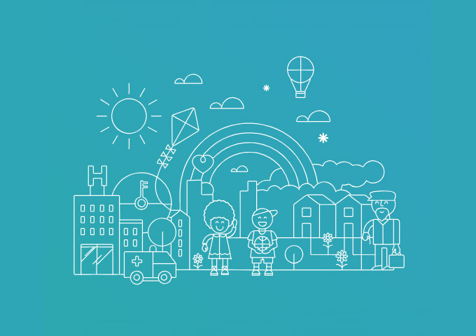 Teal background illustration featuring outlined drawings of a hospital, ambulance, houses, children, a rainbow, sun and hot air balloon, representing community health and care services.
