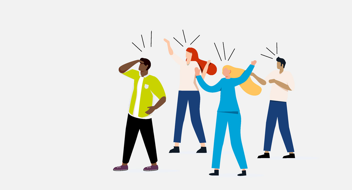 Illustration of four diverse people expressing strong emotions or opinions, with exclamation lines above their heads, symbolizing activism, advocacy, or influencing government decisions.