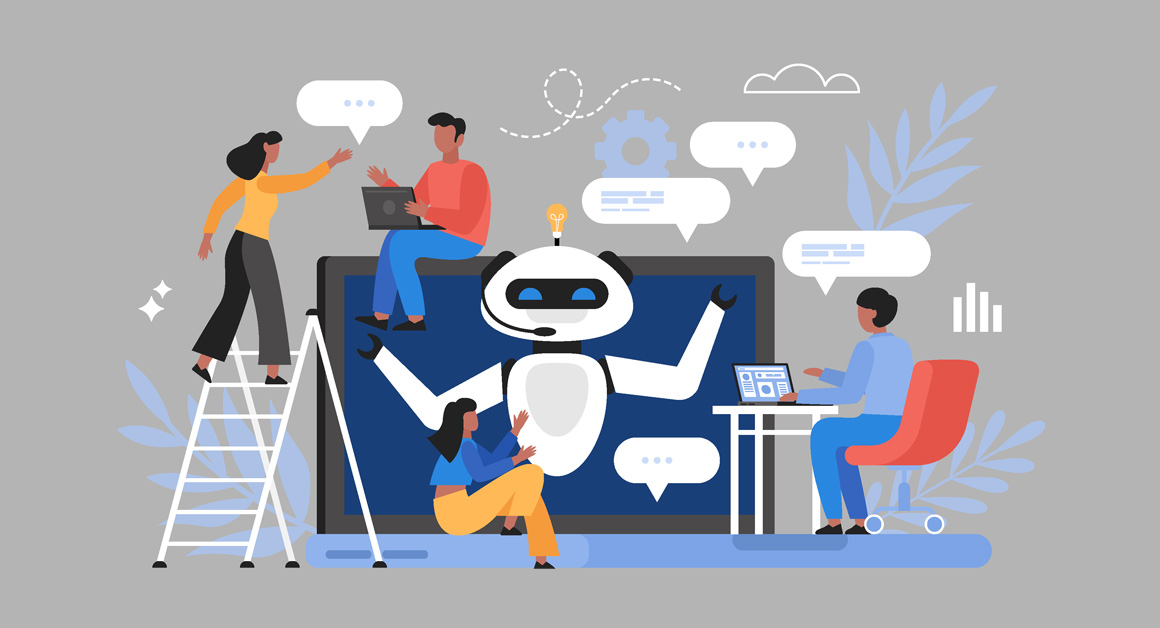 Illustration of people interacting with a large robot emerging from a screen, symbolizing artificial intelligence and human collaboration. Individuals are working on laptops, giving instructions, and exchanging messages, surrounded by icons representing communication and technology.