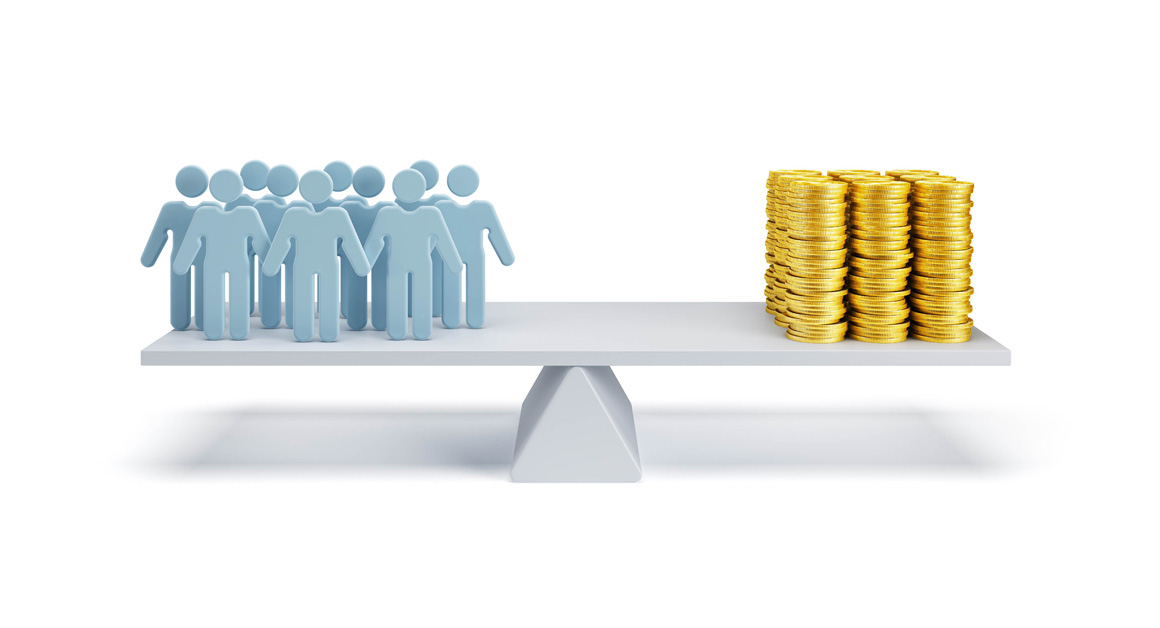 3D illustration of a balanced scale with a group of people on one side and stacks of gold coins on the other, symbolizing the concept of value for money or weighing financial cost against social impact.