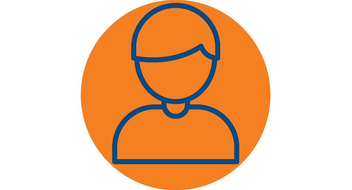 Blue outline icon of a person’s head and shoulders centred within an orange circle, representing an individual or user profile.