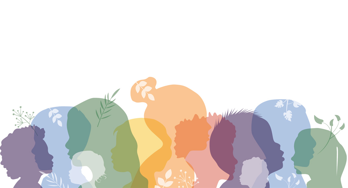 Illustration of overlapping colorful silhouettes of children's heads, each filled with delicate plant and leaf motifs, symbolizing growth, diversity, and nurturing development.