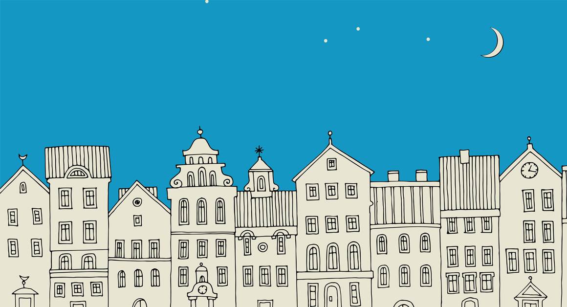 Whimsical illustration of a row of old-fashioned houses with unique rooftops under a starry night sky, featuring a crescent moon and a bright blue background.