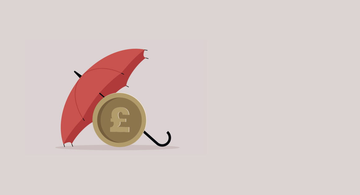 Illustration of a red umbrella sheltering a gold coin with a British pound symbol, representing financial protection, savings, or economic security.