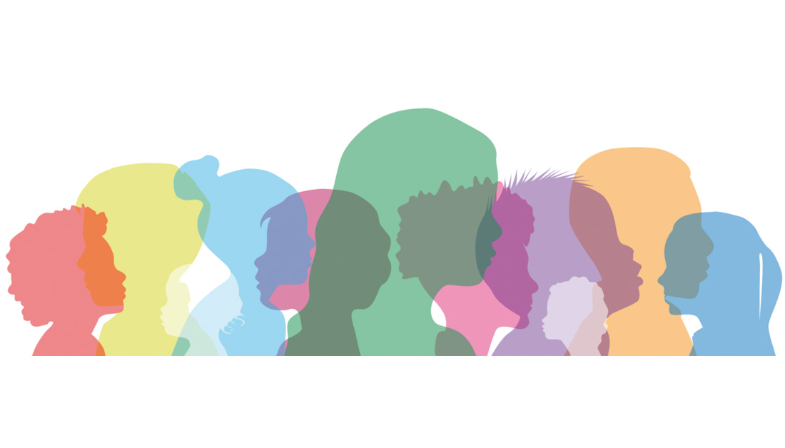 Abstract illustration featuring overlapping side-profile silhouettes of diverse people in layered, semi-transparent colours including green, blue, orange, purple and pink. The figures vary in age and hairstyle, symbolising inclusion and community, set against a clean white background in a modern, flat graphic style.