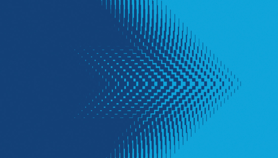 Abstract blue background featuring a forward-pointing arrow formed from layered, repeating geometric blocks. The gradient shifts from deep navy on the left to bright cyan on the right, creating a sense of motion, direction and digital transformation in a modern, dynamic style.