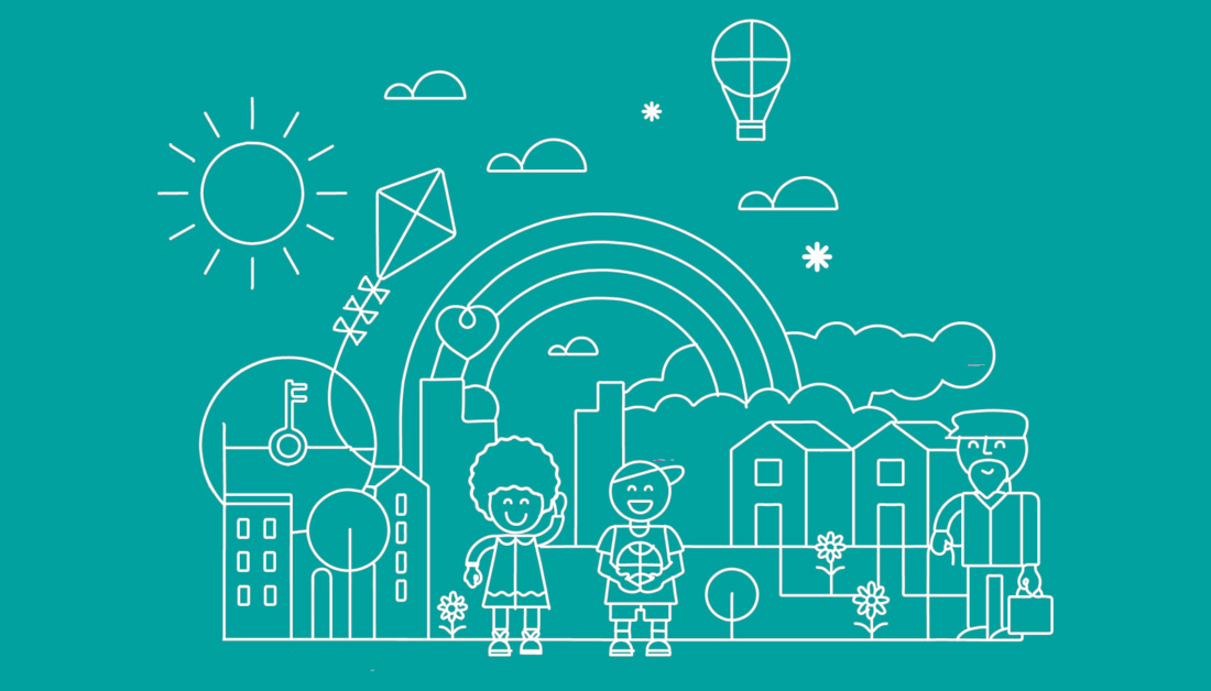 Flat vector illustration in a minimalist line style on a teal background, featuring a cheerful community scene. White outline drawings depict children and an adult standing among houses and buildings, with a rainbow arching overhead. Surrounding elements include a sun, clouds, a hot air balloon, a kite, a key symbol, trees and flowers, creating a playful, optimistic neighbourhood atmosphere.