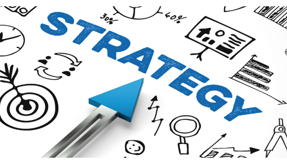 Image featuring the word “STRATEGY” in bold blue capital letters, viewed at an angle, with a metallic arrow pointing towards it. Surrounding the text are hand-drawn style business and planning icons, including a target, charts, percentages, a magnifying glass and directional arrows. The composition conveys forward momentum, planning and goal-setting, with a strong focus on direction and purposeful action.