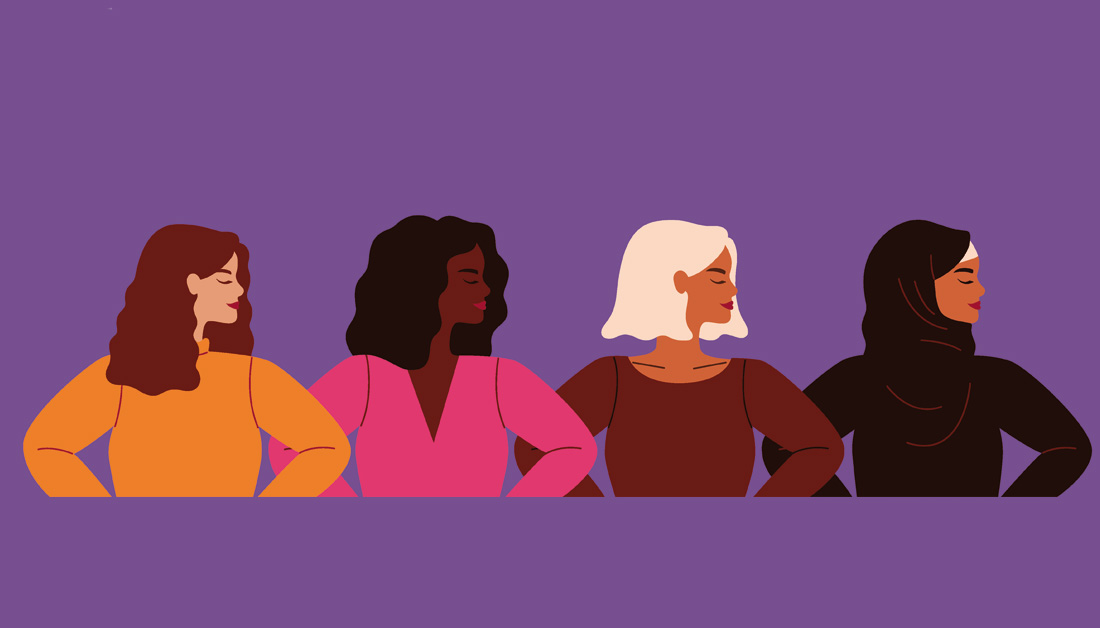 Flat vector illustration of four women standing side by side against a solid purple background, shown from the waist up and turned slightly to the side with confident, poised expressions. Each woman has a distinct skin tone, hairstyle and outfit in bold, contrasting colours (orange, pink, burgundy and black), symbolising diversity, unity and empowerment. The style is clean and minimal, with smooth shapes, no outlines and strong colour blocking.