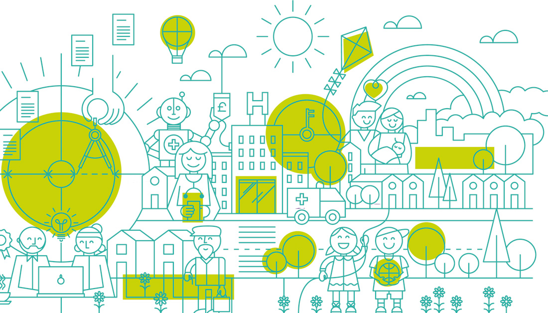 Detailed flat vector illustration in a clean line style combining teal outlines with lime accents. The scene depicts a vibrant community landscape featuring homes, a hospital, an ambulance, trees and flowers, alongside people of different ages. Additional elements include a robot, a compass, documents, speech bubbles, a rainbow, a hot air balloon and a kite, symbolising innovation, care, collaboration and positive local outcomes within a thriving neighbourhood setting.